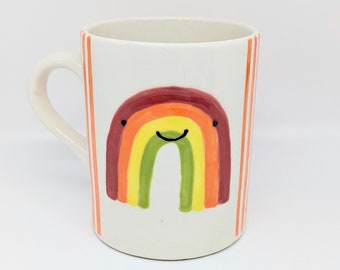 Smiling rainbow striped mug| handmade gift | pottery gift | stocking stuffer | ceramic | home decor | coffee | tea | kawaii | pride