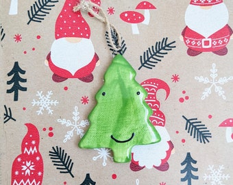 Happy pine tree ceramic ornament | holiday ornament | Christmas ornament | stocking stuffer |  handmade | kawaii | smile | forest