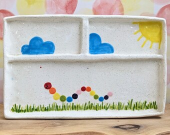 Rainbow worm ceramic segmented platter | snack dish | kids dish | jewelry holder | unique | hand painted | clouds | sun