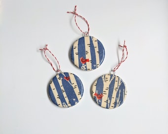 Round patterned clay ornament | holiday ornament | Christmas ornament | ceramic | stocking stuffer | cactus |  bees | dogs | birch | books