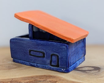 Mini modern ceramic house blue and orange | MCM | clay house | tiny house | handmade gift