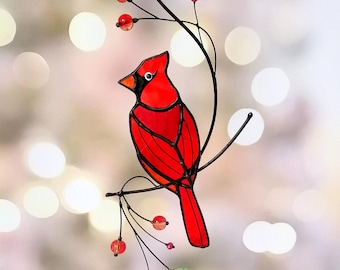 Red Cardinal Stained Glass Suncatcher: Handmade Memorial Ornament