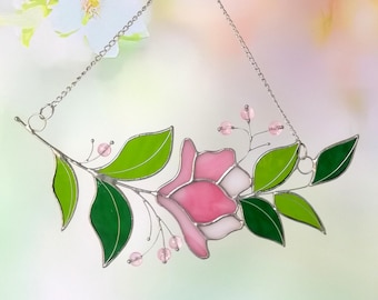Pink Magnolia Stained Glass Suncatcher: Handcrafted Flower Branch Ornament