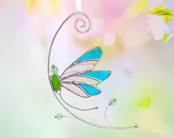 Blue Dragonfly Stained Glass Suncatcher: Handcrafted Garden Decor
