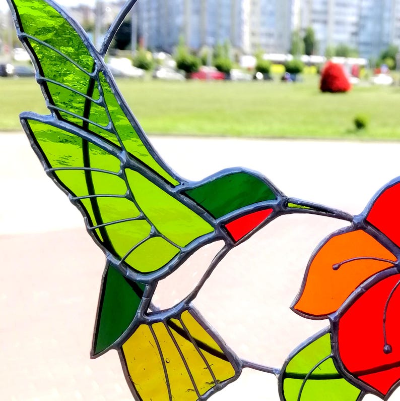 Hummingbird suncatcher Bird Stained glass window hanging Anniversary gifts Hummingbird wall art Custom stained glass decor for Garden, Home
