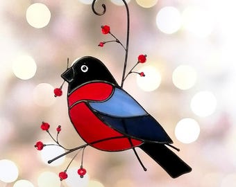 Bullfinch Stained Glass Suncatcher: Bird Ornament, New Home Gift