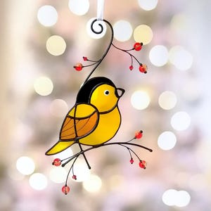 Chickadee Stained Glass Bird Suncatcher Yellow bird Window Hangings Ornament Bird on branch sun catcher Christmas gifts for Mom