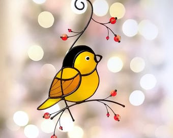 Chickadee Stained Glass Suncatcher: Yellow Bird Window Ornament