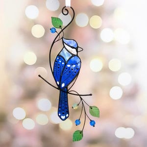 Attrape-soleil geai bleu, cadeau pour amoureux des oiseaux, vitrail attrape-soleil oiseau pour tentures de fenêtre, décoration geai de Noël, ornement fait main, cadeau pour maman