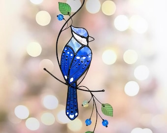 Blue Jay Suncatcher: Stained Glass Bird Window Hanging