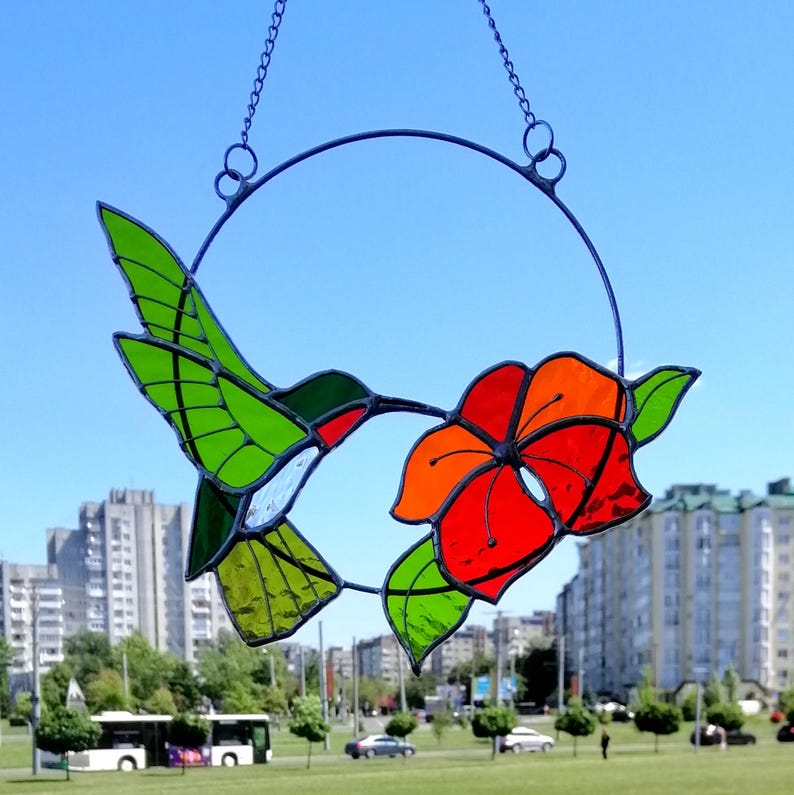 Hummingbird suncatcher Bird Stained glass window hanging Anniversary gifts Hummingbird wall art Custom stained glass decor for Garden, Home