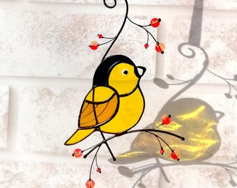 Chickadee Suncatcher: Stained Glass Yellow Bird Window Ornament