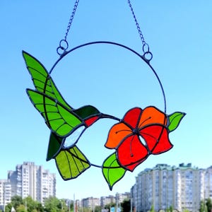 Hummingbird suncatcher Bird Stained glass window hanging Anniversary gifts Hummingbird wall art Custom stained glass decor for Garden, Home