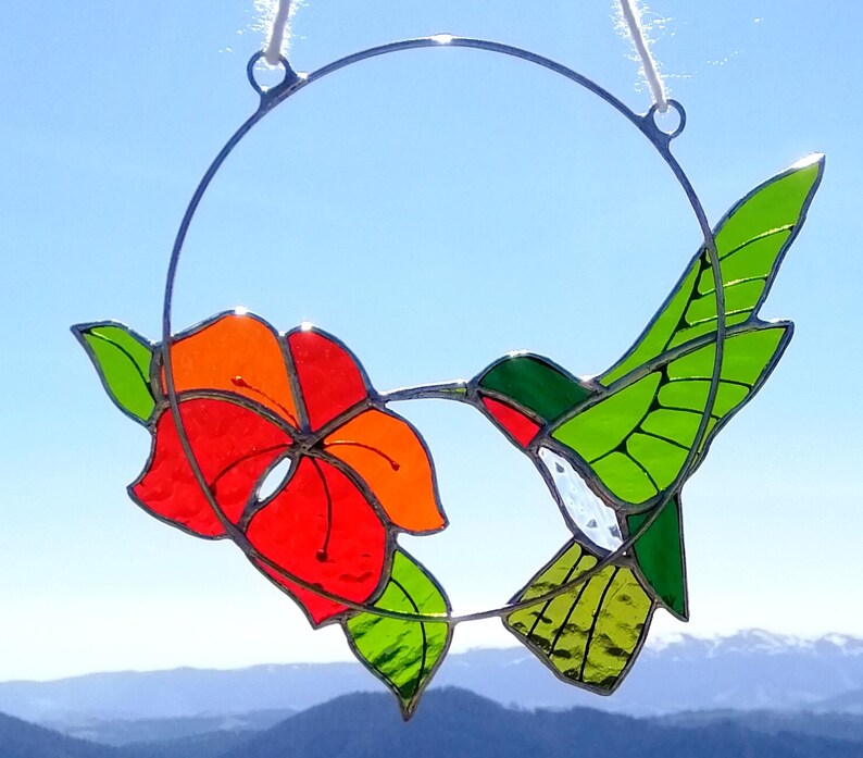 Hummingbird suncatcher Bird Stained glass window hanging Anniversary gifts Hummingbird wall art Custom stained glass decor for Garden, Home