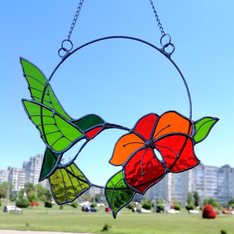 Hummingbird suncatcher Bird Stained glass window hanging Anniversary gifts Hummingbird wall art Custom stained glass decor for Garden, Home