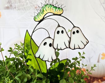 Stained Glass Ghost Lily of the Valley, Spooky Halloween Suncatcher with Caterpillar, Unique Gothic Window Hanging Plant Stake, Garden decor