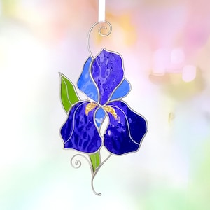 Stained Glass Iris Suncatcher: Blue Flower Window Decor