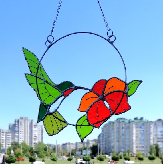 Hummingbird suncatcher Bird Stained glass window hanging Anniversary gifts Hummingbird wall art Custom stained glass decor for Garden, Home