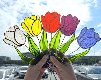 Stained Glass Tulip Plant Stake, Colorful Flower Garden Stake, Glass Tulip Bouquet, Plant Lover Gift, Gardener Gift Idea, Outdoor Yard Art