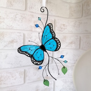 Handmade Blue Stained Glass Butterfly Suncatcher: Nature Inspired Window Decor