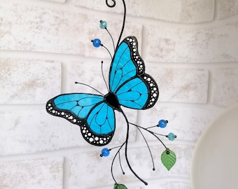 Handmade Blue Stained Glass Butterfly Suncatcher: Nature Inspired Window Decor