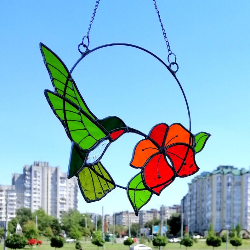 Hummingbird suncatcher Bird Stained glass window hanging Anniversary gifts Hummingbird wall art Custom stained glass decor for Garden, Home