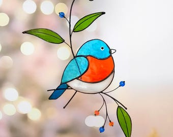 青い鳥のステンドグラスの窓飾り クリスマスプレゼント 鳥のサンキャッチャー 青い鳥の家の装飾 庭 新築祝い お母さんへのプレゼント 親友へのプレゼント