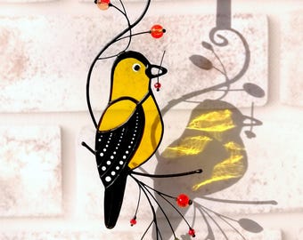 Goldfinch Stained Glass Suncatcher: Bird Christmas Ornament