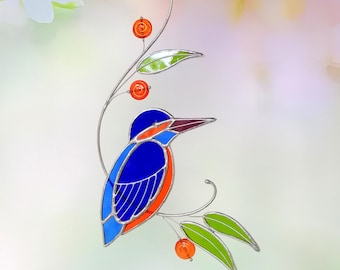 Kingfisher Suncatcher: Stained Glass Bird Window Hanging (7x4.7 inches)