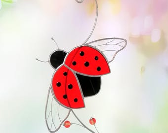 Ladybug Stained Glass Suncatcher: Iridescent Wings, Window Decor