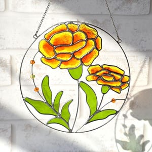 Marigold Stained Glass Sun Catcher: Handmade Floral Window Decor