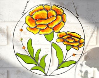 Marigold Stained Glass Sun Catcher: Handmade Floral Window Decor