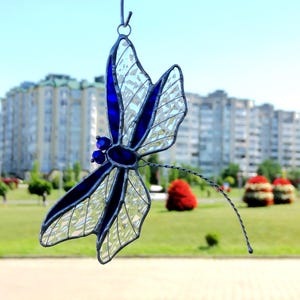Blue Dragonfly Stained Glass Suncatcher, Christmas ornament handmade, Memory gift, Garden decor, New home decor