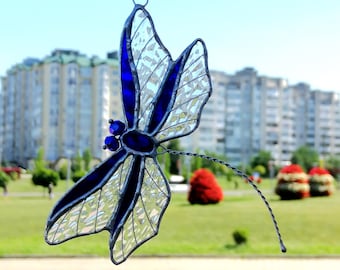 Blue Dragonfly Stained Glass Suncatcher: Handmade Garden Decor