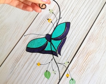 Handmade Blue Butterfly Stained Glass Suncatcher: Home Decor Ornament
