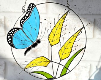 Blue Butterfly Stained Glass Sun Catcher: Golden Wheat Window Decor