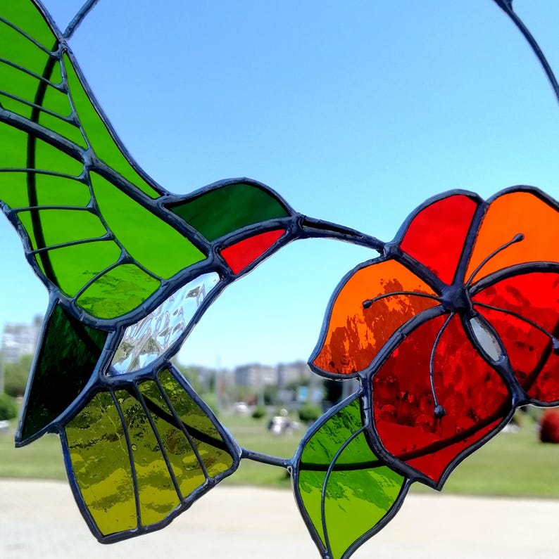 Hummingbird suncatcher Bird Stained glass window hanging Anniversary gifts Hummingbird wall art Custom stained glass decor for Garden, Home