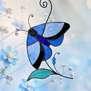 Stained Glass Blue Butterfly Suncatcher: Handcrafted Window Decor