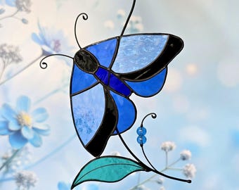 Stained Glass Blue Butterfly Suncatcher: Handcrafted Window Decor