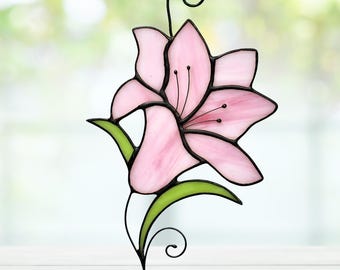 Pink Lily Stained Glass Suncatcher, Tiffany Style Floral Window Hanging, Pink Flower Glass Art, Handmade Lily Decor, Gift for Her