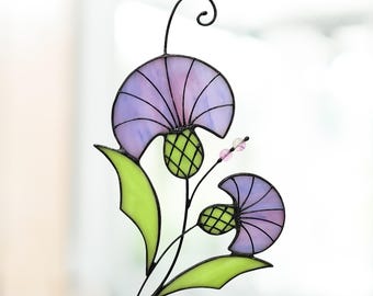 Scottish Thistle Stained Glass Gift for Men, Flower Window Hanging, Masculine Office Glass Decor, Father's Day Gift