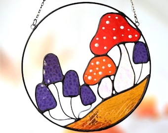 Stained Glass Mushroom Suncatcher – Red and Purple Toadstool Window Hanging – Woodland Cottagecore Decor – Fungi Gift