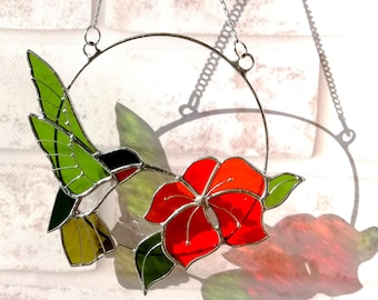 Stained Glass Hummingbird Suncatcher: Floral Window Hanging