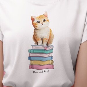 Cat Lover&#39;s Bookish Shirt - Cute Kitty Reading Book for Book and Cat Enthusiasts, Paws and Read