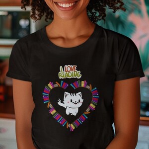 Cat Lover&#39;s Bookish Shirt - Cute Kitty Reading Book for Book and Cat Enthusiasts, I Love Reading