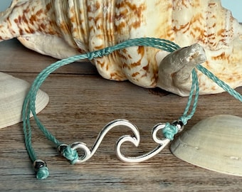 Ocean Wave Bracelet • Waxed Polyester Cord • Ocean Wave Charm. Adjustable Waterproof Beach bracelet, Surfer bracelet