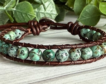 Boho Leather Gemstone Bracelet  African Turquoise with Tree of Life Charm