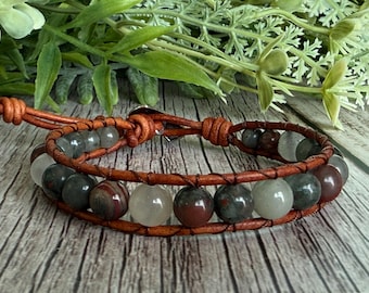 Boho African Bloodstone Gemstone Beaded Leather Bracelet with Pewter Button Closure, Nature Inspired, Gift for her, Healing Jewelry