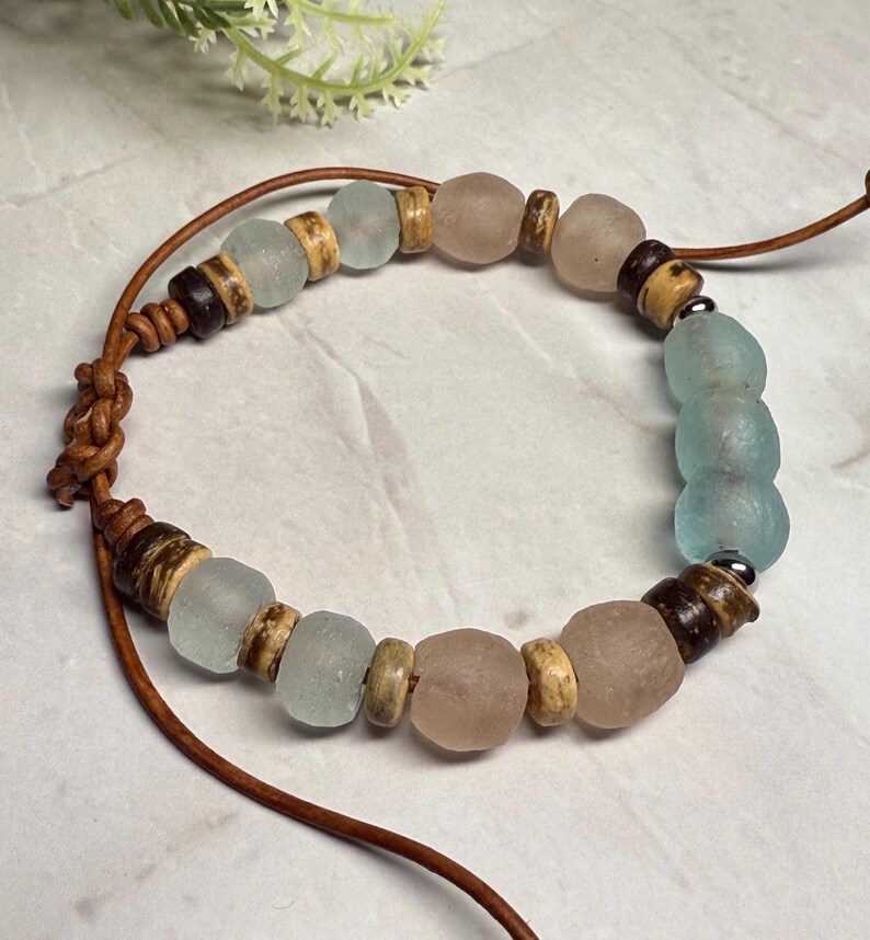 Boho Ocean Inspired Recycled Sea Glass Bracelet, Java and Ghana glass beads, leather cord, natural materials, ocean inspired gift Bild 11