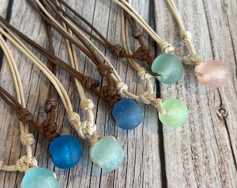Minimalist Sea Glass Necklace, Recycled Glass Pendant, Ghana Glass Bead Necklace, Adjustable, Boho Beach Jewelry, Waterproof Surfer Jewelry